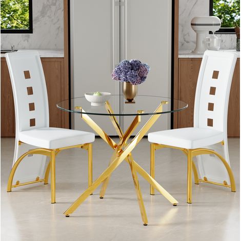 Set tavolo da pranzo con 2 sedie 88x88x75 cm, vetro temperato, sedute ergonomiche in PU, bianco oro (1/5)