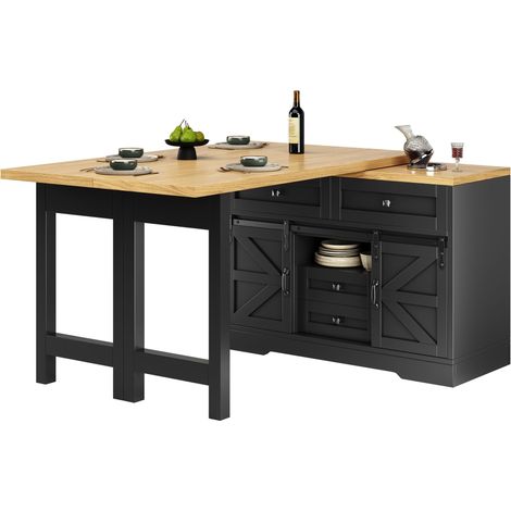 Îlot de Cuisine avec Table Extensible, Placard Latéral à Porte Coulissante et Tiroirs, MDF Noir, 120-197 x 40 x 72 cm (1/5)