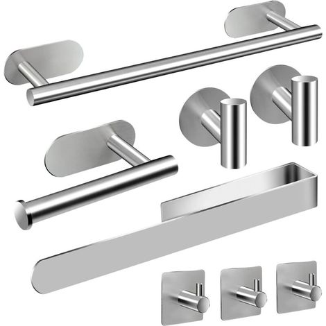 Porte-serviettes 8 pièces, accessoires de salle de bain en acier inoxydable 304, sans perçage ni collage, argent (1/5)
