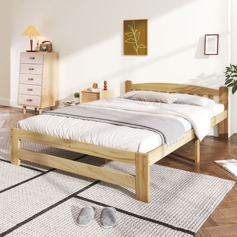Lit double en bois massif 140x200 cm pour adulte et adolescent, tête de lit à lattes, sommier 15 lattes, pied central, pin naturel (1/5)