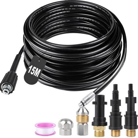 15M Tuyau Deboucheur Canalisation Haute Pression 180bar Tuyau Déboucheur Flexible Nettoyeur Haute Pression avec 2 Buse 3 Adaptateurs pour Kärcher K2-K7 Lavor Parkside Bosch (1/5)