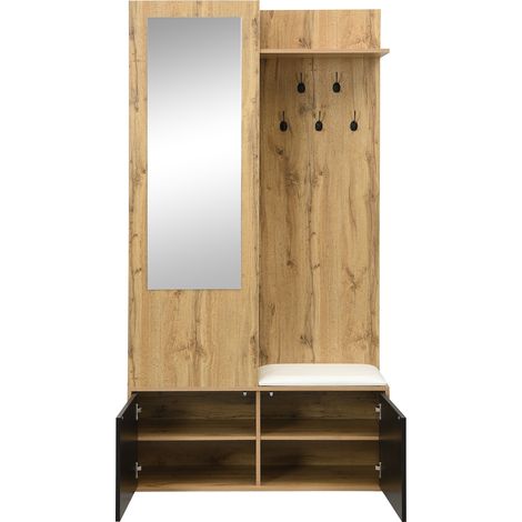 Ensemble meuble d'entrée avec porte-manteaux, miroir, banc et rangement à chaussures en MDF bois naturel (1/5)
