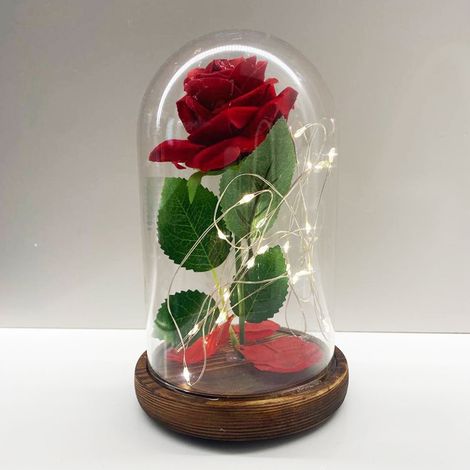 Trade Shop - VERZAUBERTE EWIGE ROSE DIE SCHÖNE UND DAS BIEST IN EINER KUPPEL MIT HOLZSOCKEL UND LED-LEUCHTEN - (1/5)