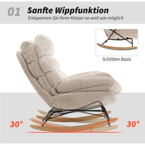 Fauteuil à bascule rembourré, pieds en acier et patins en bois, blanc crème (1/5)