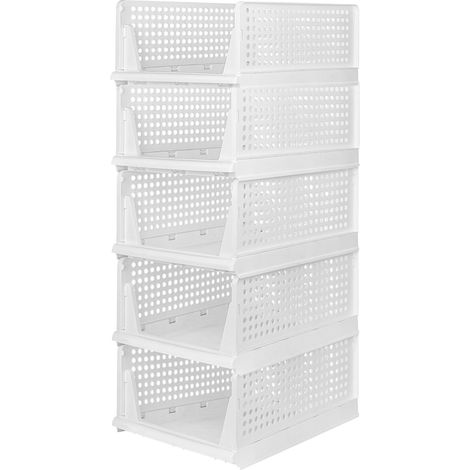 Haloyo® Set mit 5 faltbaren Aufbewahrungsboxen, Aufbewahrungskorb und stapelbarem Schubladen-Organizer aus Kunststoff, 33 x 42 x 90 cm, weiß
