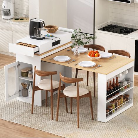 Mesa alta de bar de 83x46-146,5x96 cm, isla de cocina extensible con enchufes, almacenamiento y ruedas, MDF blanco y cristal (1/5)