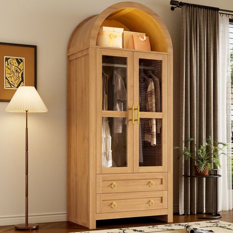 Armario de dormitorio - 76 x 50 x 185 cm - diseño curvo, puertas de cristal, barra para colgar ropa, 2 cajones, led de colores - moderno - mdf - roble (1/5)
