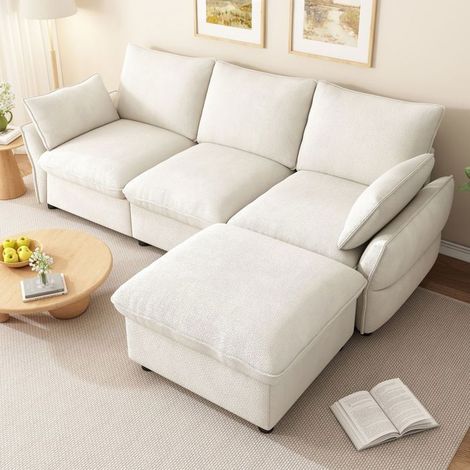 Canapé 3 places 222 x 154 x 76 cm ottomane 1 tabouret inclus revêtement chenille couleur beige style moderne (1/5)