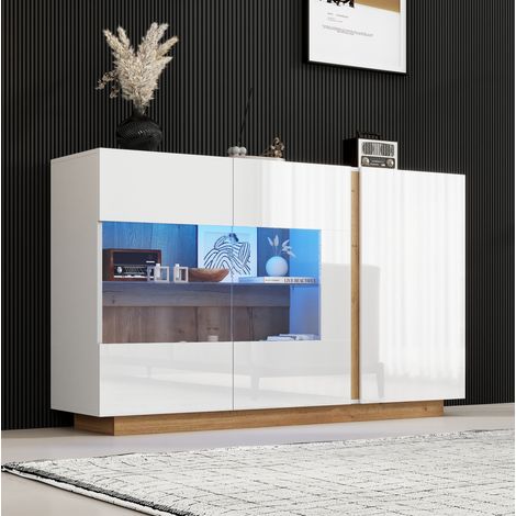 Mueble TV blanco de 3 puertas con vitrinas de vidrio y LED RGB, 138 x 38 x 90,5 cm DESVIAE (1/5)
