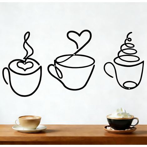 Décoration Murale Métal - Lot de 3 - Noir - Forme Tasse Café - Design Moderne - Salon Cuisine Bureau (1/5)