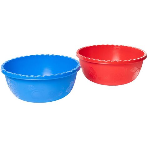 Ensemble de 2 saladiers ronds multifonctions rouges et bleus. Bol d'un diamètre de 26 cm et d'une hauteur de 12 cm. Saladier d'une capacité de 2,5 L (1/5)