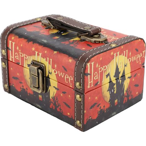 Dekorative Schatztruhe mit gruseligem Spukhaus-Muster, Vintage-Leder-Holz-Aufbewahrungsbox für Festivals, Größe S (15 x 11 x 9 cm / 5,91 x 4,33 x 3,54 Zoll) (1/5)