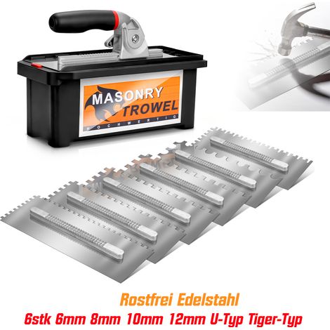 Set de 6 Platoir à Enduire 280 x 115 mm, 6 lames ( 6, 8, 10, 12mm, type U/Tigre)  Spatules inox, Boîte de Transport avec Drainage, Truelle à Enduire en Acier Inoxydable pour Carreaux, Sols, Colle et M