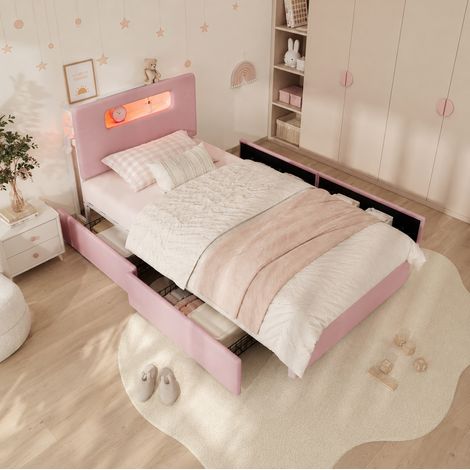 MODFU – Cama infantil 90x200 cm de terciopelo con LED por app, 4 cajones, cabecero curvado y nicho abierto – Rosa (1/5)