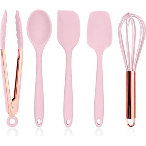 Ustensiles De Cuisine En Silicone - Lot De 5 Pièces Pour Recettes Et Cuisinière Antiadhésive - Rose (1/5)