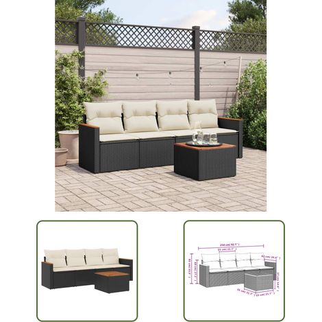 The Living Store 5-tlg. Garten-Sofagarnitur mit Kissen Schwarz Poly Rattan - Gartenmöbel - Outdoor Möbel - Rattan Sofa Set - Esstisch - Lounge Set (1/3)