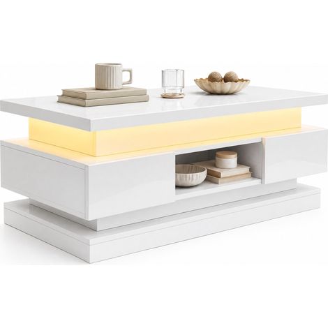 CHICFURN Mesa de centro elevable 100x50x40 cm blanca brillante LED con almacenaje y 2 cajones (1/5)
