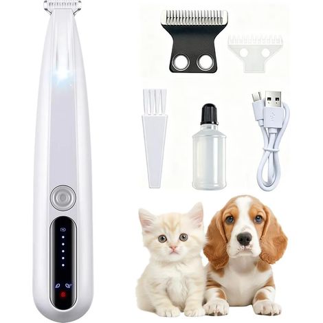 Tondeuse à poils pour chiens à double lame, compacte et silencieuse, idéale pour tailler les poils des pattes, des yeux, des oreilles, du visage et des fesses. (1/5)