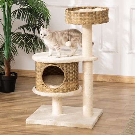 PawHut Kratzbaum 95 cm Katzenturm mit Höhle, Spielball, Sisalstämme, große Plattform, mehrstöckiger Katzenkratzbaum, Kletterbaum, für Katzen unter 5 kg, Natur+Beige