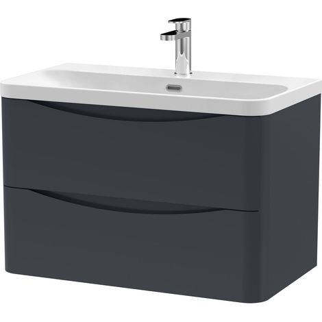 Balterley Dunwood Modern Bathroom Wall Hung 2 Drawer Vanity Unit & Ceramic Basin, Dark Grey, 800mm (1/3)