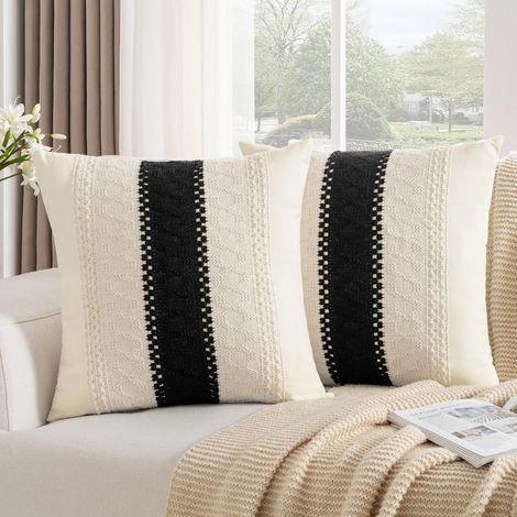 Housse Coussin Bohème Decoratif Taies d'oreiller Noir Texturée à Rayures Tissées Housse de Coussins 40x40 pour Canapé Lit Chaise Chambre Salon Lot de 2 (1/5)