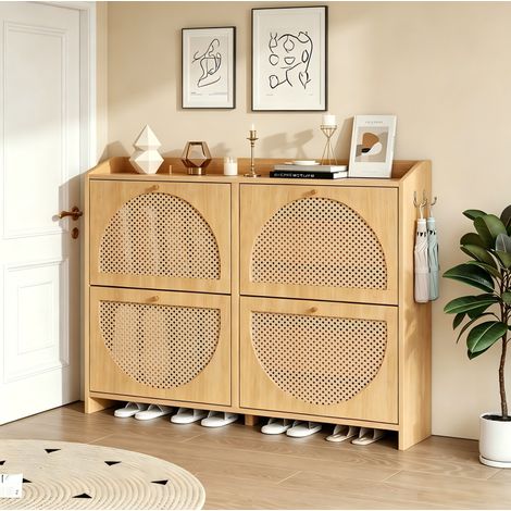 Mobile portascarpe 120 x 24 x 90 cm, 4 ribalte, 2 ganci, MDF, naturale HAVRYA (1/5)