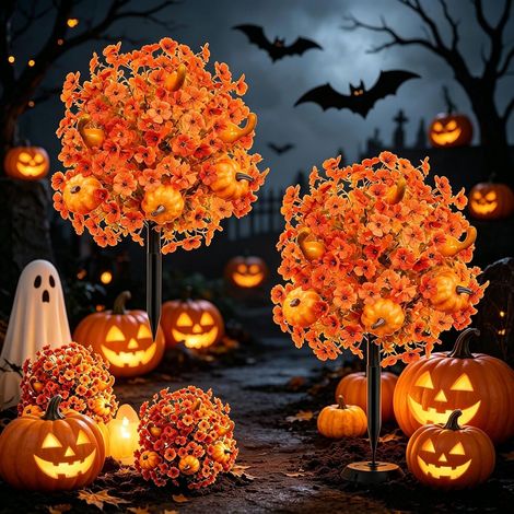 Lot de 2 lampes solaires en forme de fleur, décoration d'extérieur étanche pour Halloween avec motifs lumineux de citrouille et de globe oculaire, décoration de paysage effrayante pour jardin, pelouse (1/5)