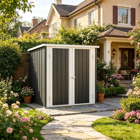 Abri de jardin métallique bicolore noir et blanc avec double porte verrouillable, remise de rangement outils vélos, sol non inclus (1/5)
