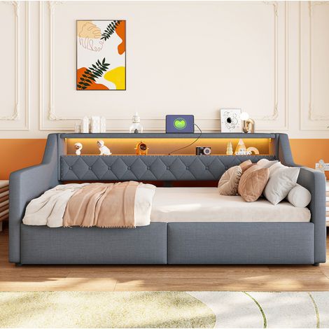 Cama con canapé 90 x 200 cm con tira LED, puertos USB y USB-C, tejido de lino gris HAVRYA (1/5)