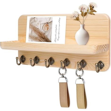 Wooden Wall Key Ring with 6 Hooks Decorative Key Box for Living Room, Bathroom, Kitchen, Entrance, Hallway Natural Wood Colour (1/5)