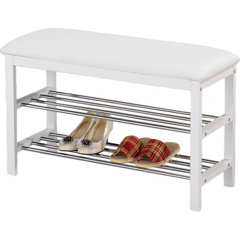 Idimex – Banc à chaussures avec 2 étagères en bois massif blanc – Coussin rembourré pour confort – Structure en métal chromé – Montage facile