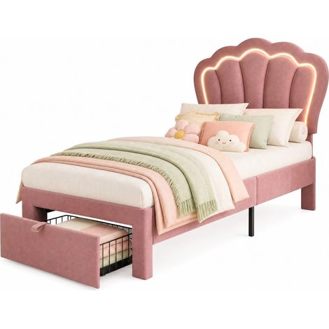 Lit enfant 90x200 velours rose avec LED RGB à contrôle par application, tête de lit réglable et tiroir de rangement, sommier à lattes inclus – CHICFURN (1/5)