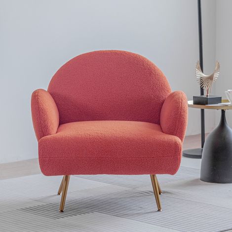 Fauteuil de Salon Orange en Tissu Bouclette, Fauteuil Confortable à Accoudoirs, Pieds en Métal Doré, Fauteuil de Lecture Moderne pour Chambre (1/5)