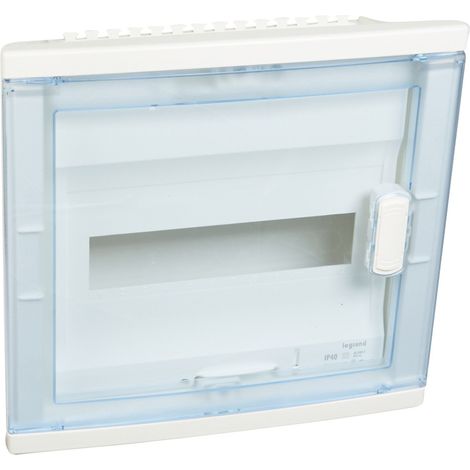 Coffret modulaire encastré 1 rangée 12+2 modules avec porte isolante galbée transparente LEGRAND 001521 (1/2)