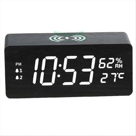Thermomètre et hygromètre multifonctionnels en bois, charge rapide 15 W, chargement sans fil, calendrier LED, noir foncé (1/5)