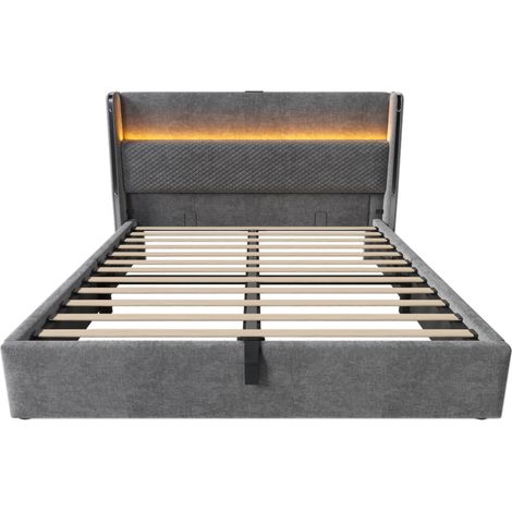 Cama canapé hidráulica 140x200 cm con cabecero alto LED y puertos USB Type-C gris (1/5)