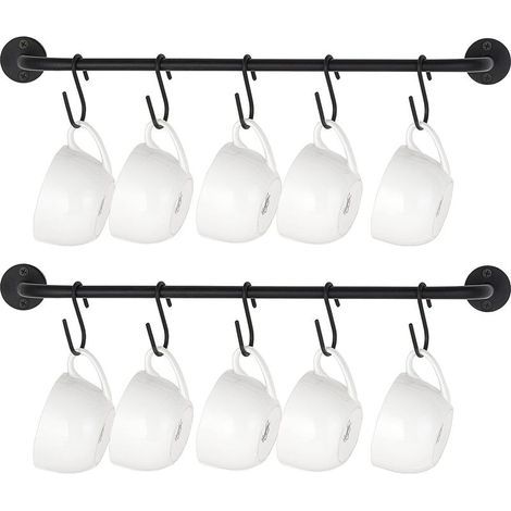 Lot de 2 porte tasses à café à fixation murale moderne en métal avec 10 crochets rustiques pour ustensiles de cuisine, salle à manger, café, noir (1/5)