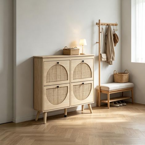 Zapatero compacto 105 x 24 x 97,5 cm con 4 abatibles, madera natural DESVIAE (1/5)