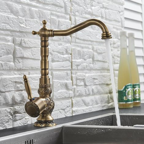 Rétro Sculpté Robinet D'évier de Cuisine,Cuisine Familiale Moderne et Salle de Bains, Robinet Mitigeur Cuivre Antique de à Levier Lavabo Robinets de Lavabo Avec Bec Pivotant (1/5)
