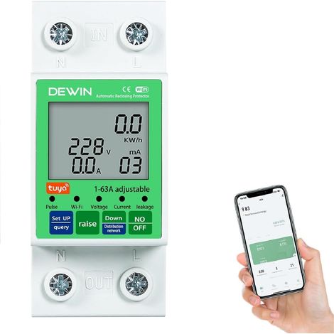 Compteur Intelligent, Compteur d'énergie Intelligent Compteur électrique WiFi Minuterie Interrupteur avec Protection Contre Les Surtensions et Les sous-tensions 2P 63A AC 80-300V (1/5)