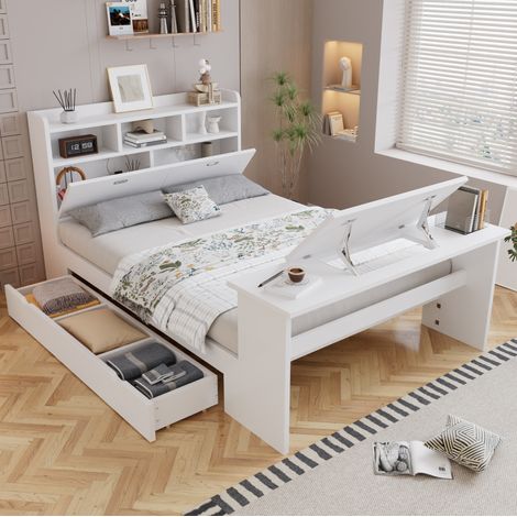 Letto con contenitore 264x147.5x120 cm, scrivania pieghevole, ripiano testiera, legno, bianco (1/5)