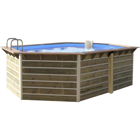 Piscine bois hexagonale 510x320x129 cm – montage rapide en 2h – filtration complète avec pompe 0,28kW – échelle inox/bois incluse – Water Clip