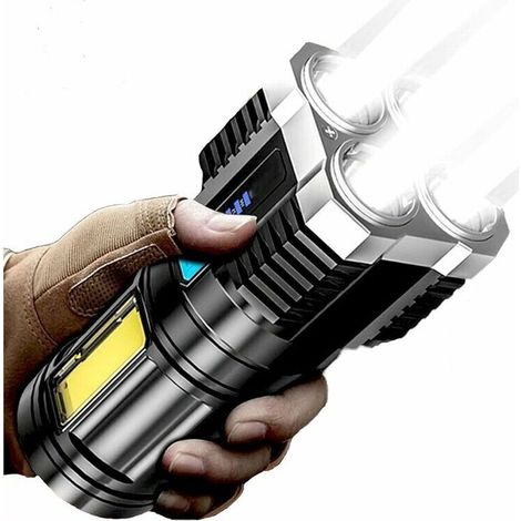 Lampe de poche 4/5 cœurs super lumineuse rechargeable d'extérieur multifonction P1000 super lumineuse LED rechargeable 100 000 lumens XHP70.2 lampe de poche tactique étanche IPX5 (4 noyaux) [Classe én