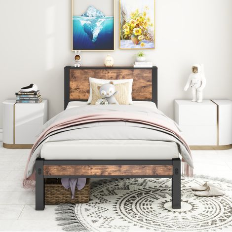 Cama individual 90x200 cm de metal y MDF marrón con almacenaje, sin colchón - MEUBLIV (1/5)