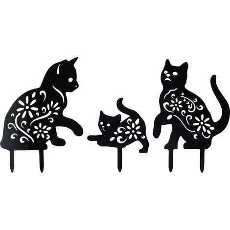 Lot de 3 statues de jardin en silhouette de chat noir Statues d'extérieur décoratives Piquets d'animaux pour décor de cour Pelouse