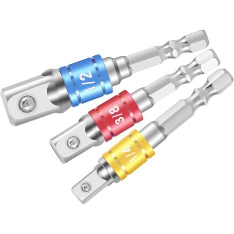 Adaptateur porte-douille pour perceuses/visseuses à percussion. Jeu de trois adaptateurs de mandrin à carré conducteur 1/4", 1/2", 3/8" en chrome vanadium. (1/4)