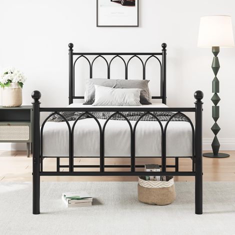 Cadre de lit en métal 90 x 200 cm avec tête et pied de lit de style vintage, sommier à lattes en acier renforcé, grand espace de rangement sous le lit, sans sommier tapissier, noir (1/5)