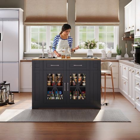 Îlot de cuisine sur roulettes avec table pliable, desserte de cuisine 120x40(65)x92cm avec prises secteur et USB, rangement et étagère réglable, Noir (1/5)