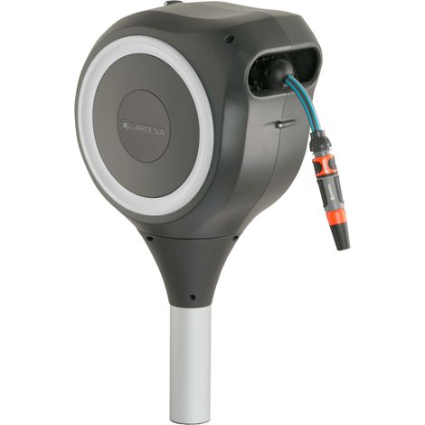 GARDENA Avvolgitubo da giardino automatico su puntale a vite RollUp M (bianco): tubo 20 m incluso (18616-20)