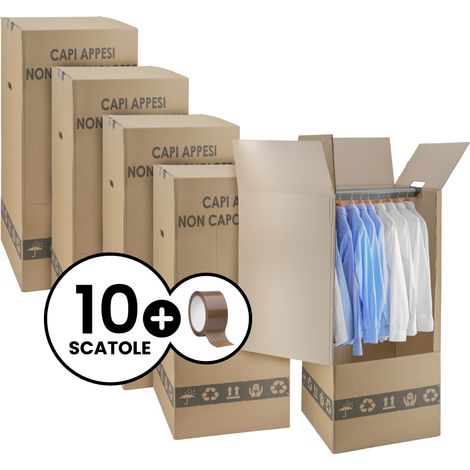 10 Scatole Cartone Porta Abiti con Barra Appendiabiti 50x50 cm h 120 cm - Nastro Omaggio - Per trasloco Armadio